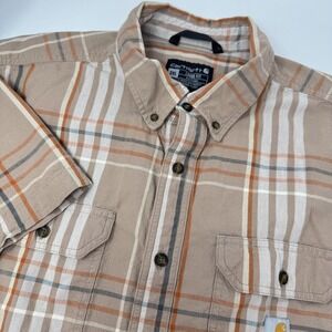 Carhartt Shirt Mens 2XL Beige Plaid Short Sleeve Button Up Workwear Pockets